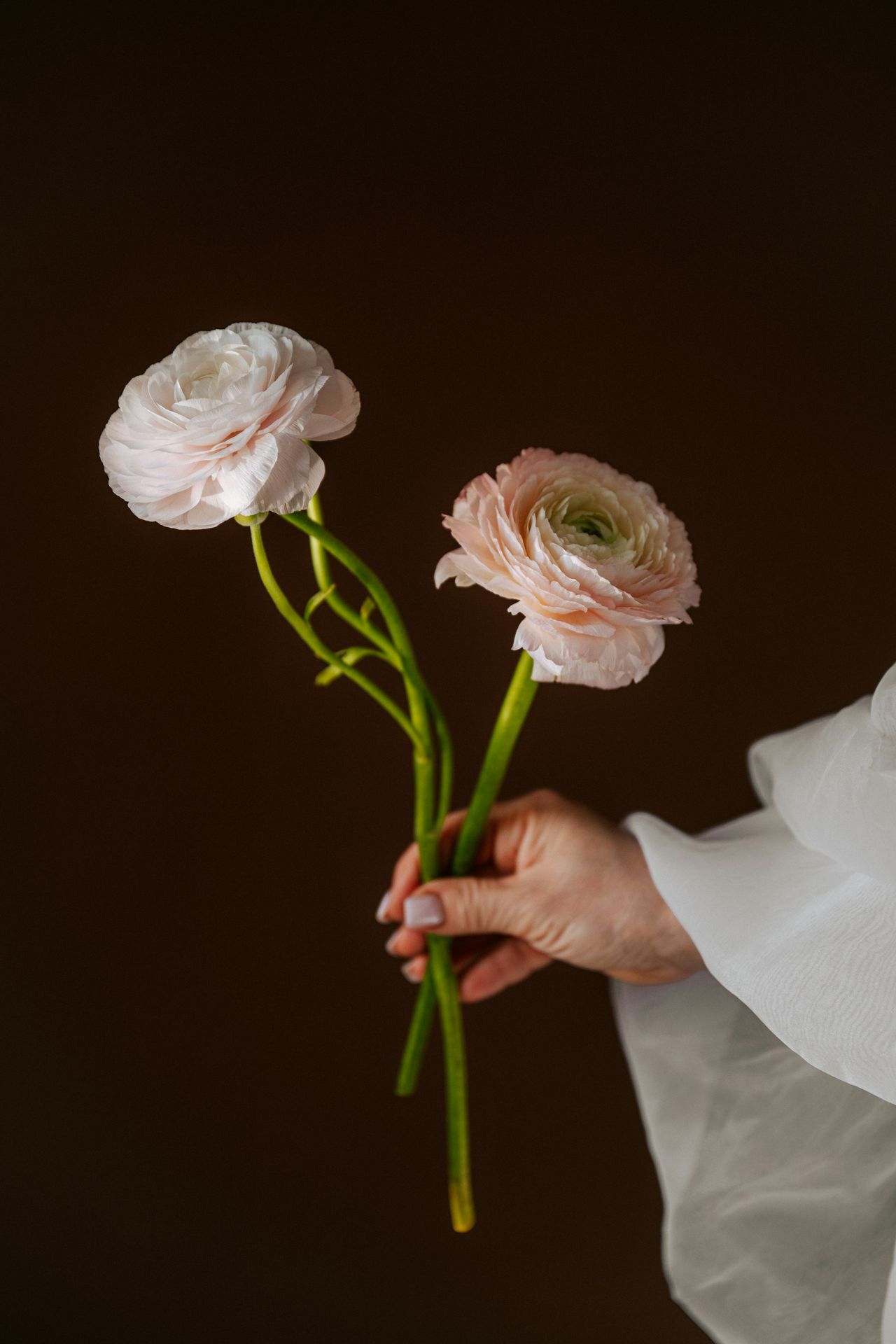 Woman holds delicate pink flowers in her hand.